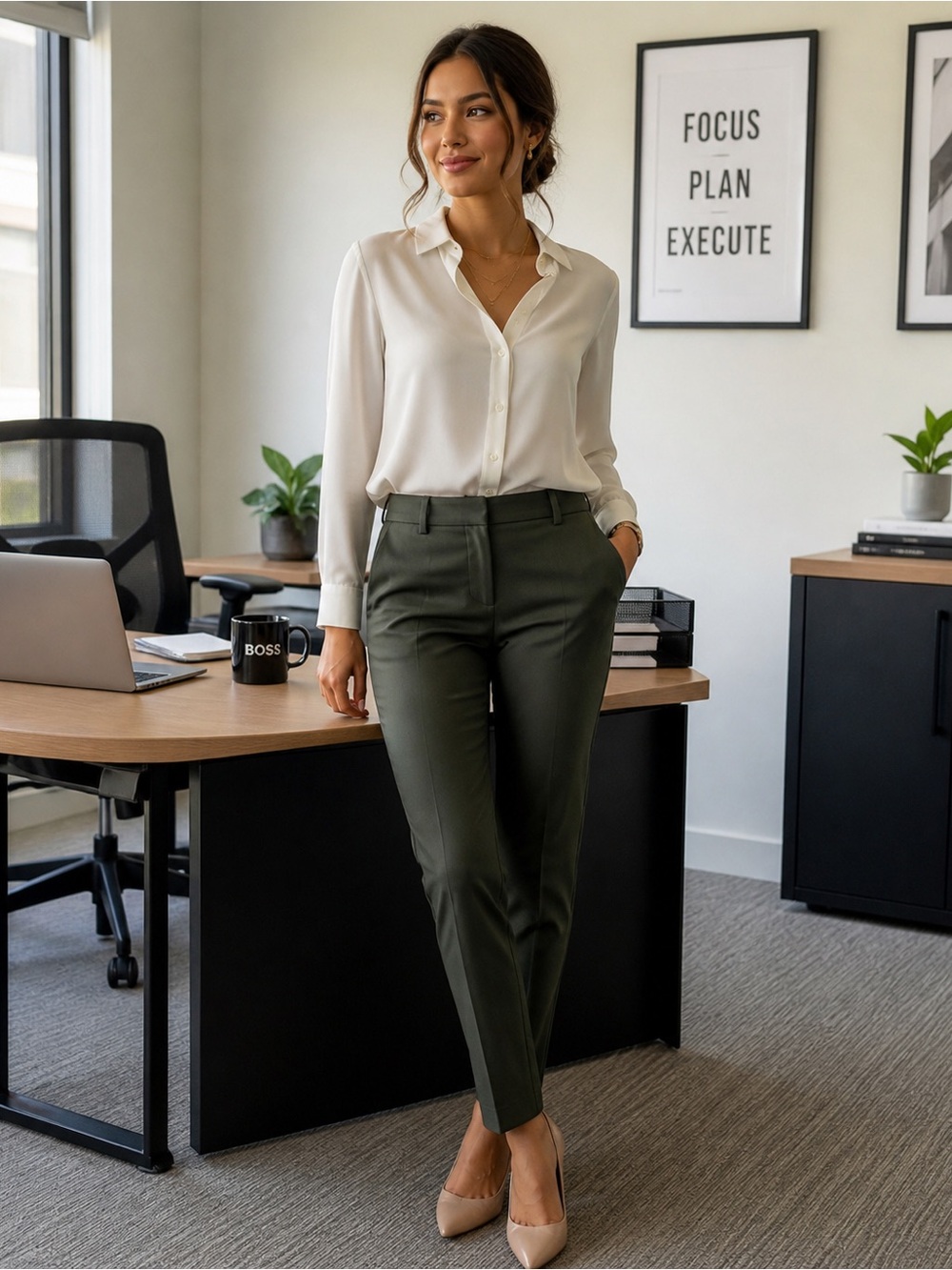 H&M Slim Fit Dress Pants Women Size 8 Olive Green Office Workwear Stretch